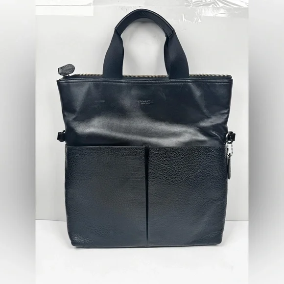 Coach Leather Charles Foldover Tote Bag Black Large